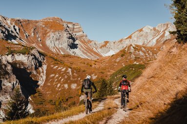 Zwei Radfahrer beim Radfahren auf einem Mountainbikeweg | © TVB Wipptal | Johannes Bitter