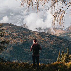 Eine Wanderin von hinten, die in die leicht nebelverhangene, herbstliche Bergkulisse blickt | © TVB Wipptal | Johannes Bitter